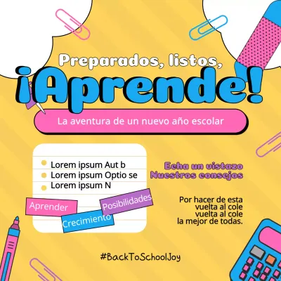 Anuncio retro de vuelta al cole en amarillo y morado.
