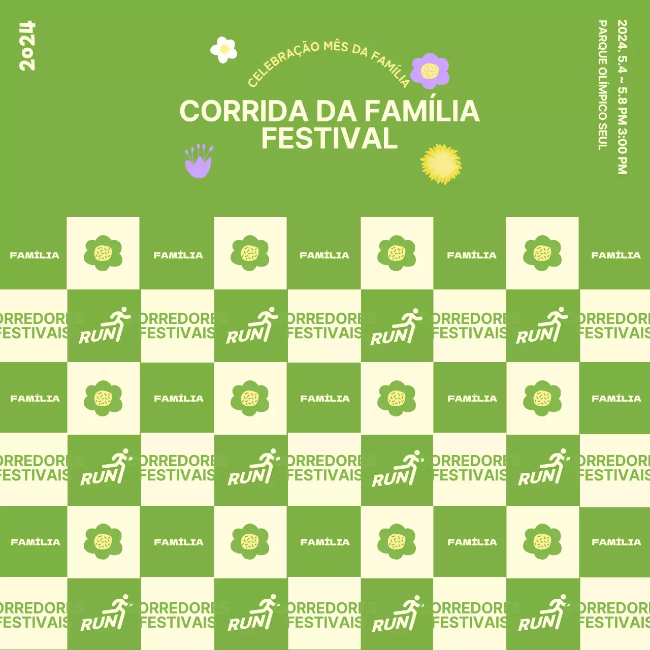 Design de cabina fotográfica para festival de corrida em família com ilustrações florais num tema de primavera sobre um fundo verde