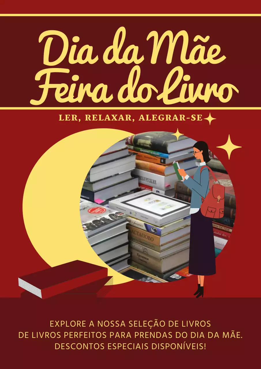 Anúncio simples, vermelho e amarelo, de feira do livro para o Dia da Mãe