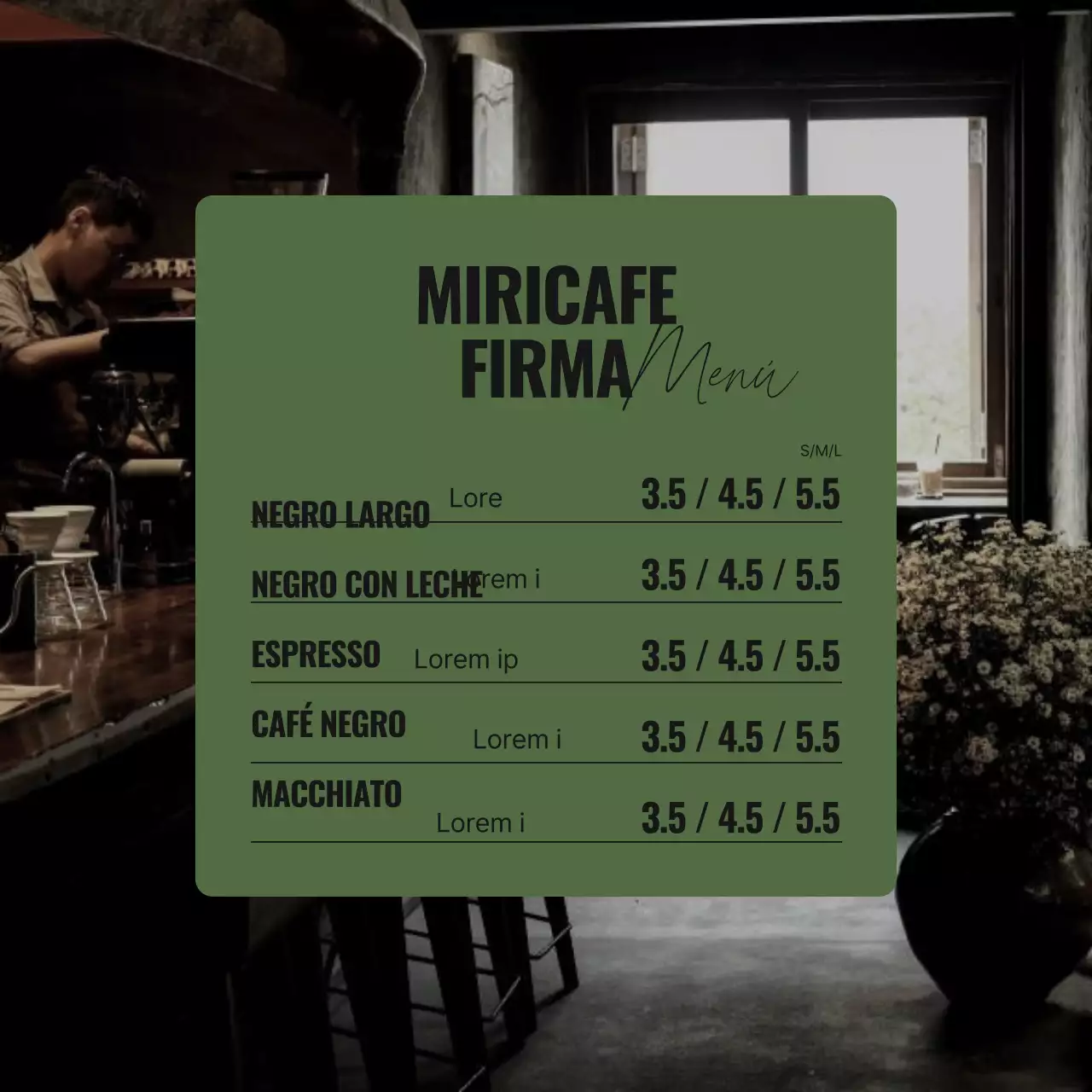 Una sencilla cafetería en tonos caqui y gris Información sobre el anuncio del acontecimiento