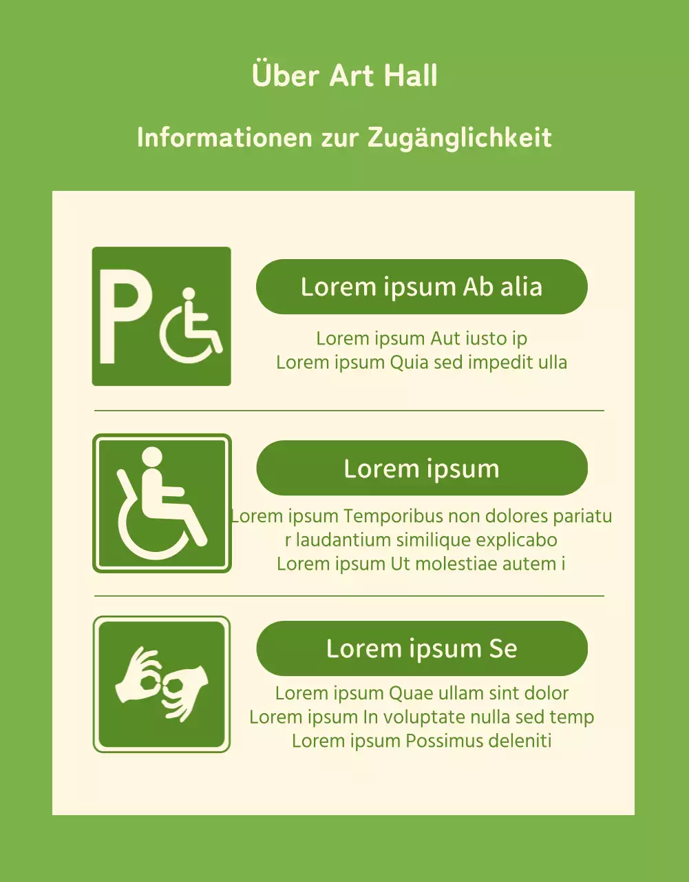 Informationen über das Programm der Aufführungen in diesem gemütlichen lindgrünen und elfenbeinfarbenen Saal