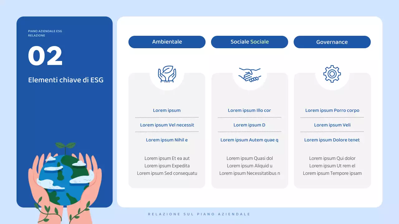 Un piano aziendale ESG bello, blu e bianco