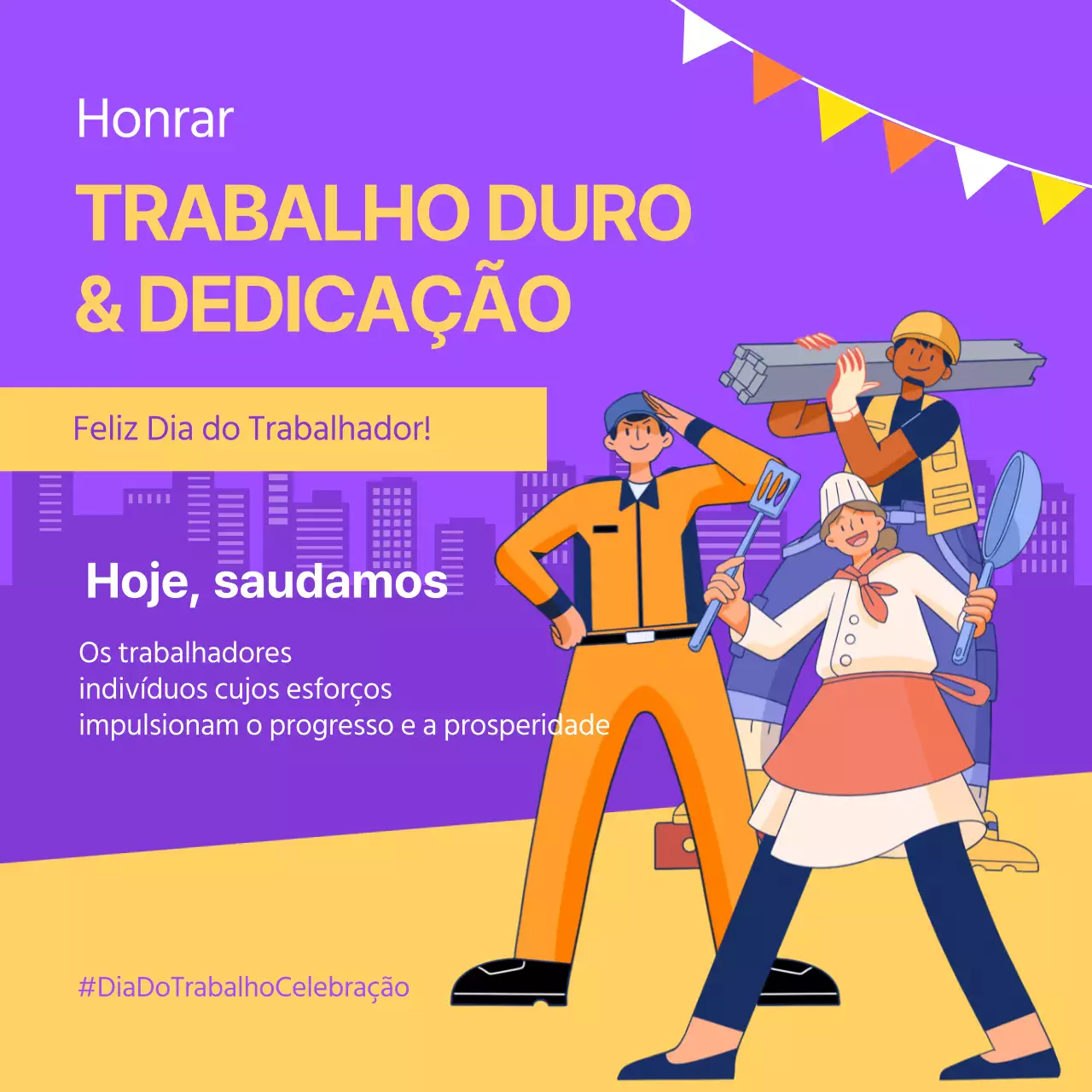 Roxo e amarelo na moda para a publicidade da campanha do Dia do Trabalhador