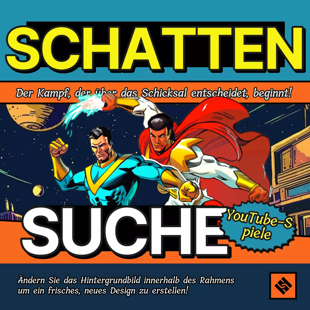 Förderung von Retro-Cartoons in Orange und Blau