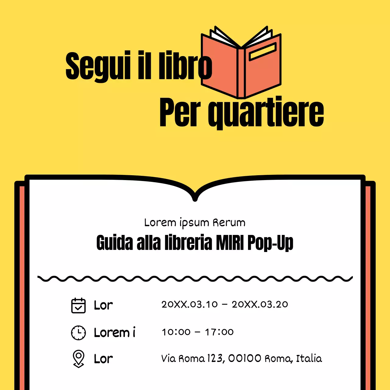 Un semplice pop-up arancione e giallo di annuncio di una libreria indipendente
