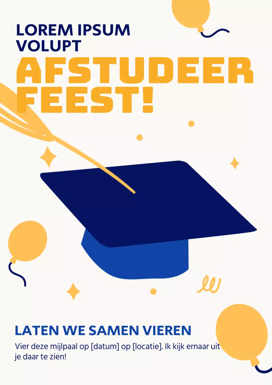 Uitnodiging voor afstudeerfeest in blauw en geel