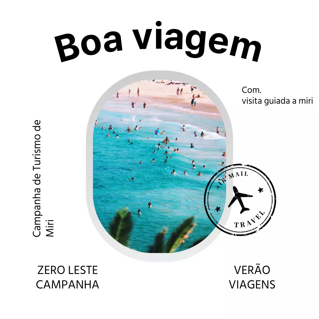 Campanha de viagens com fotografias de praia em molduras de janelas