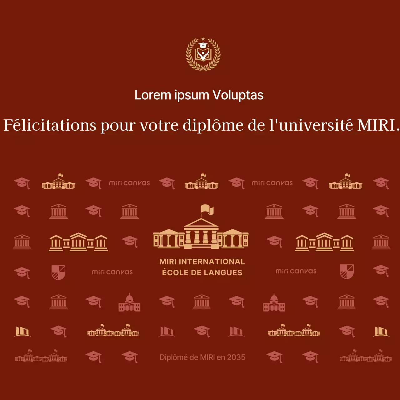 Zone de photomaton pour la célébration de la remise des diplômes d'une école secondaire avec illustration d'un bâtiment scolaire sur fond luxueux rouge