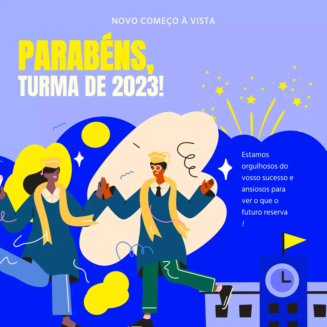 Publicidade de saudação de formatura moderna amarela e azul