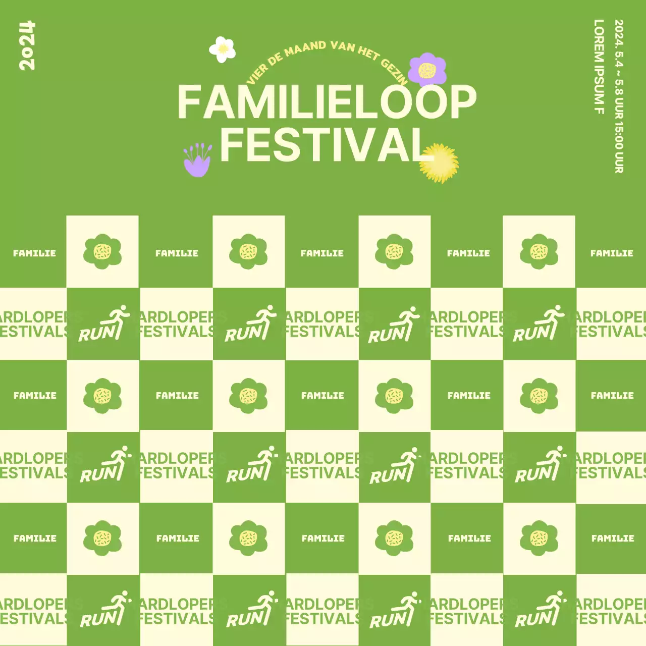 Fotowand met bloemenillustraties in een lentethema tegen een groene achtergrond