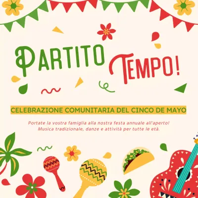 Pubblicità dell'evento per la celebrazione del Cinco De Mayo in stile moderno verde e rosso