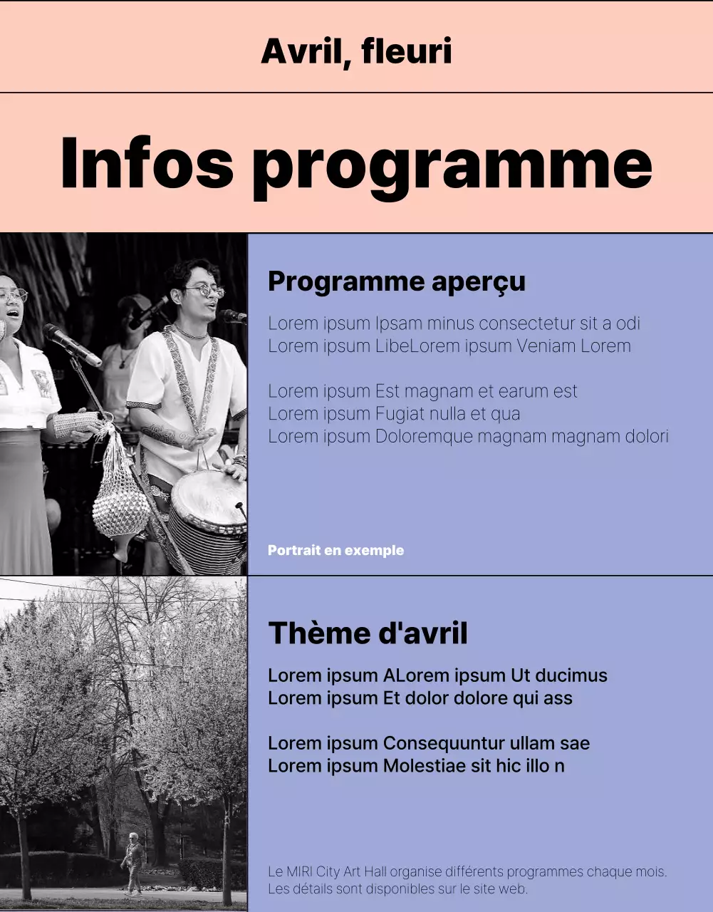 Des informations simples sur le programme en mauve et en rose