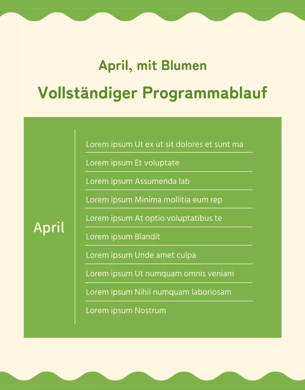 Informationen über das Programm der Aufführungen in diesem gemütlichen lindgrünen und elfenbeinfarbenen Saal