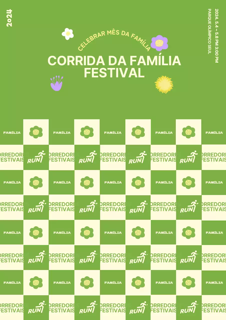 Design de cabina fotográfica para festival de corrida em família com ilustrações florais num tema de primavera sobre um fundo verde
