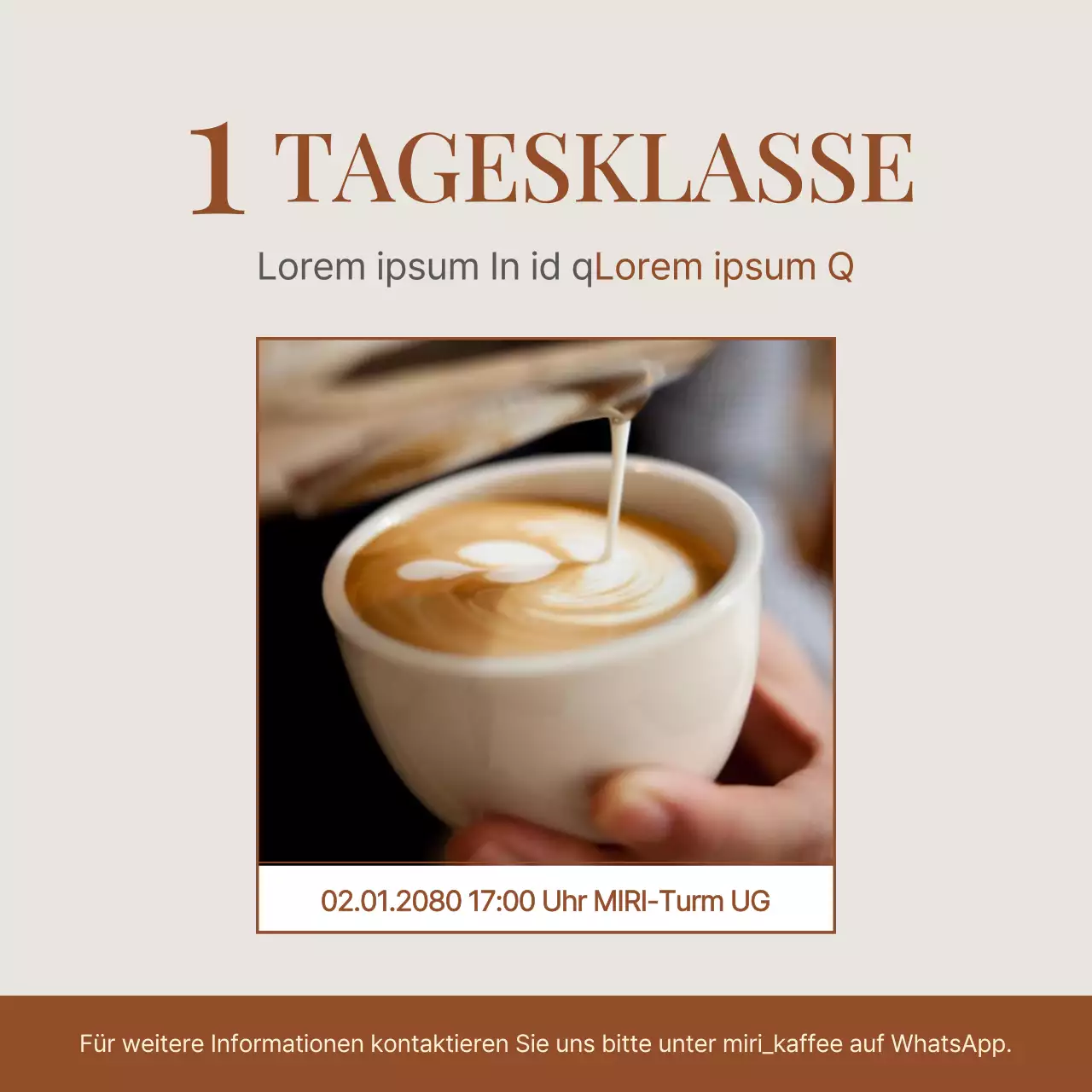 Minimalistische Anzeige für einen eintägigen Kaffeekurs in Braun- und Beigetönen