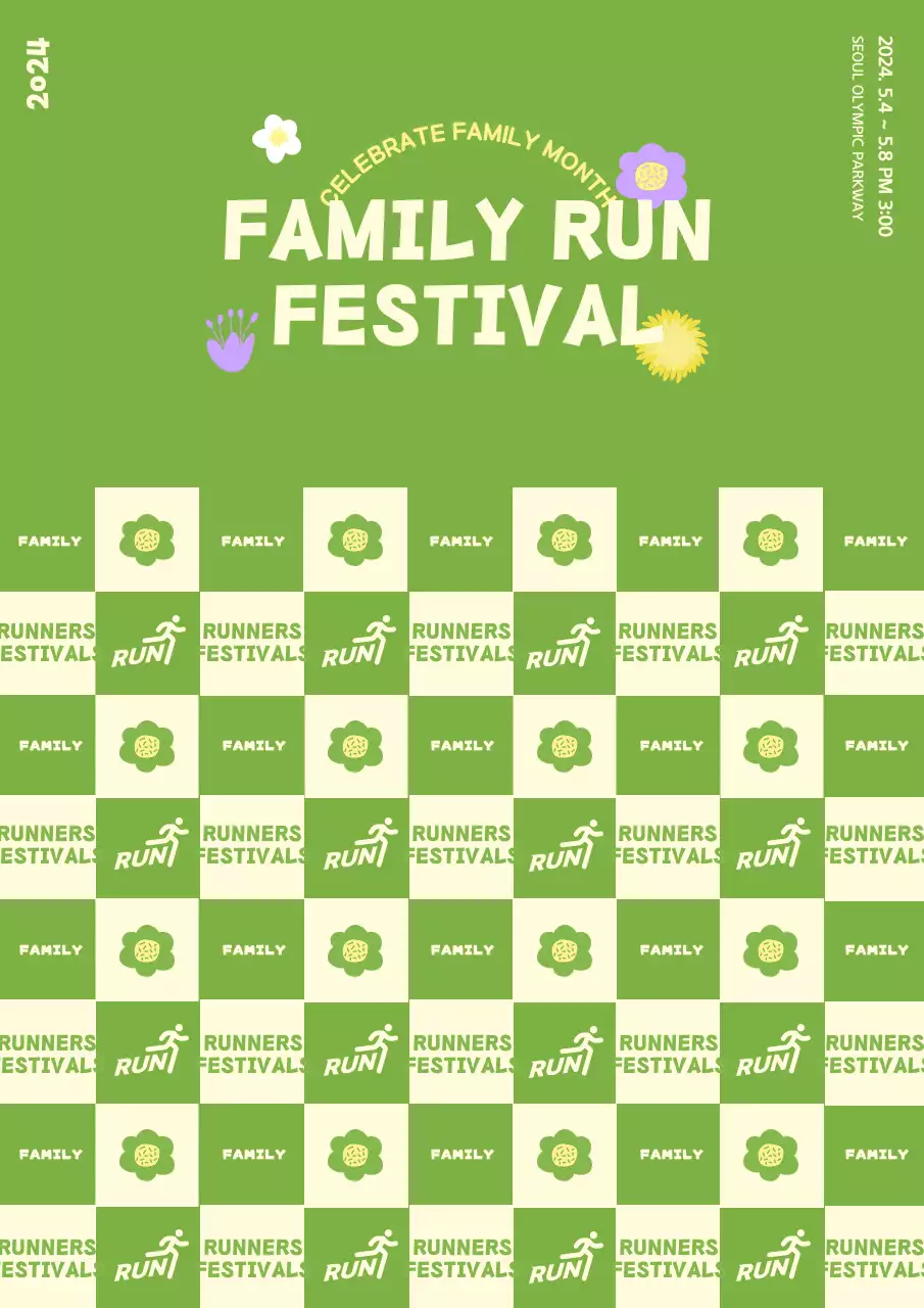 Family running festival photo booth photowall design with floral illustrations with a spring concept on a green background.