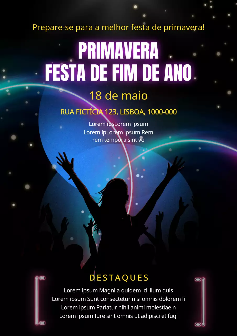 Promover uma festa de primavera moderna em preto e néon