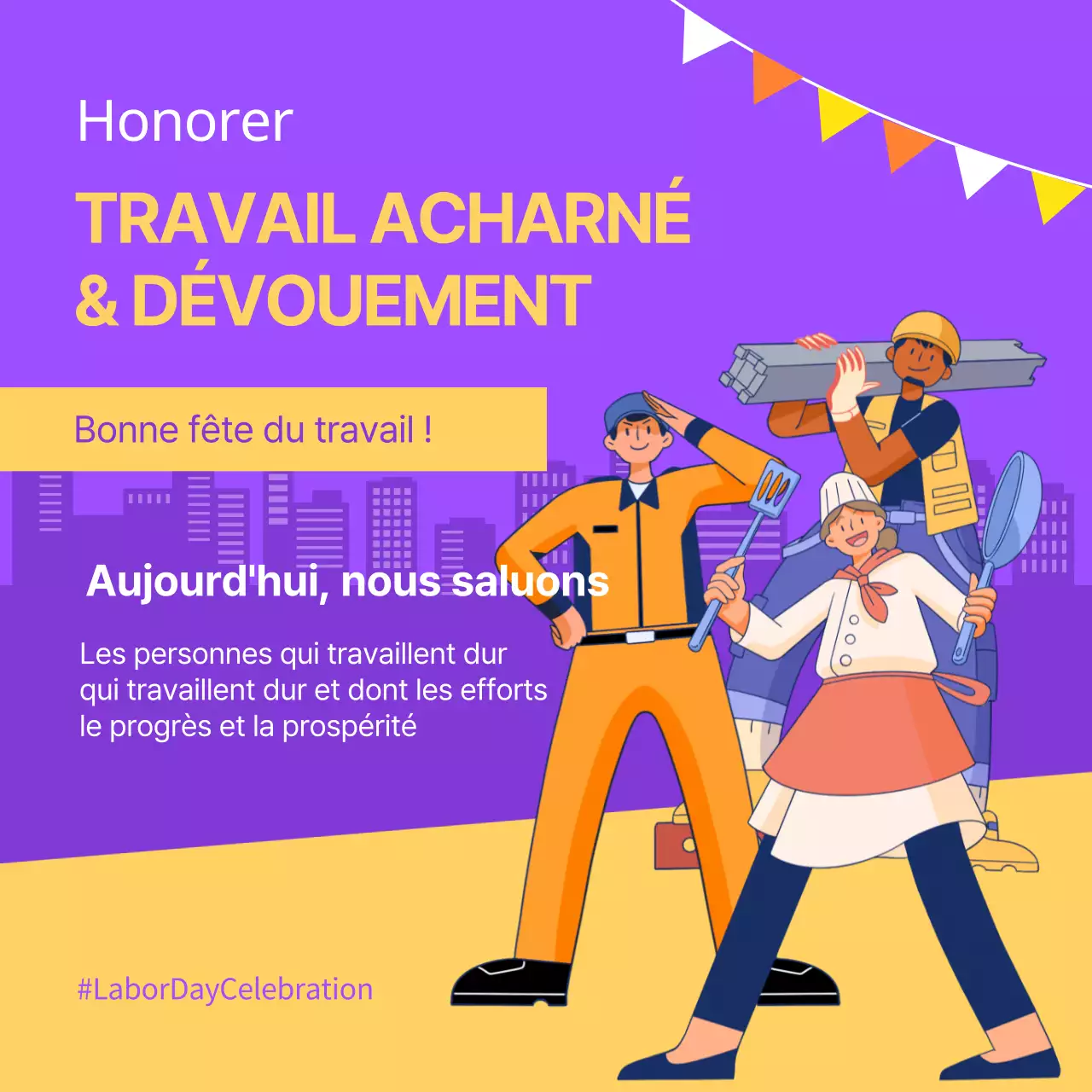 Publicité pour la campagne de la fête du travail en violet et jaune tendance