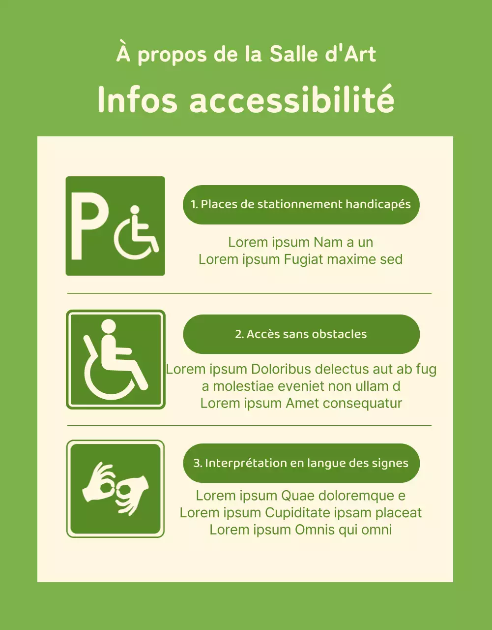 Informations sur le programme des spectacles dans cette salle accueillante aux couleurs vertes et ivoires.