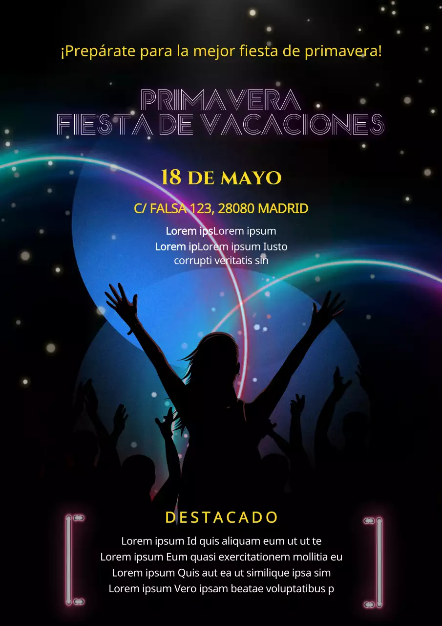 Promueve una moderna fiesta de primavera en negro y neón