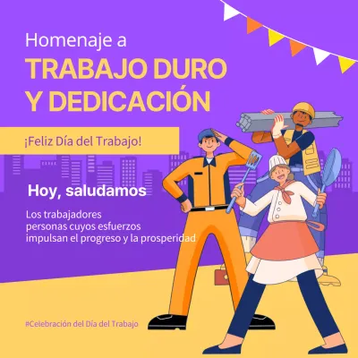 Campaña publicitaria del Día del Trabajo en tonos morados y amarillos