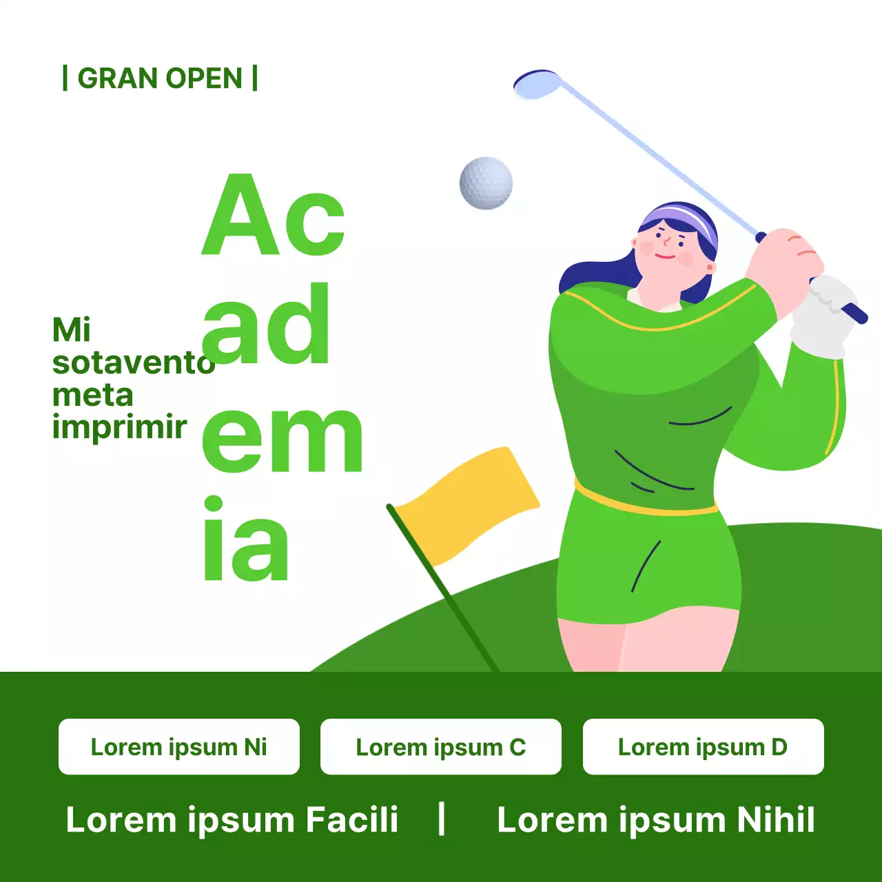Anuncio abierto de una academia de golf sencilla en blanco y verde