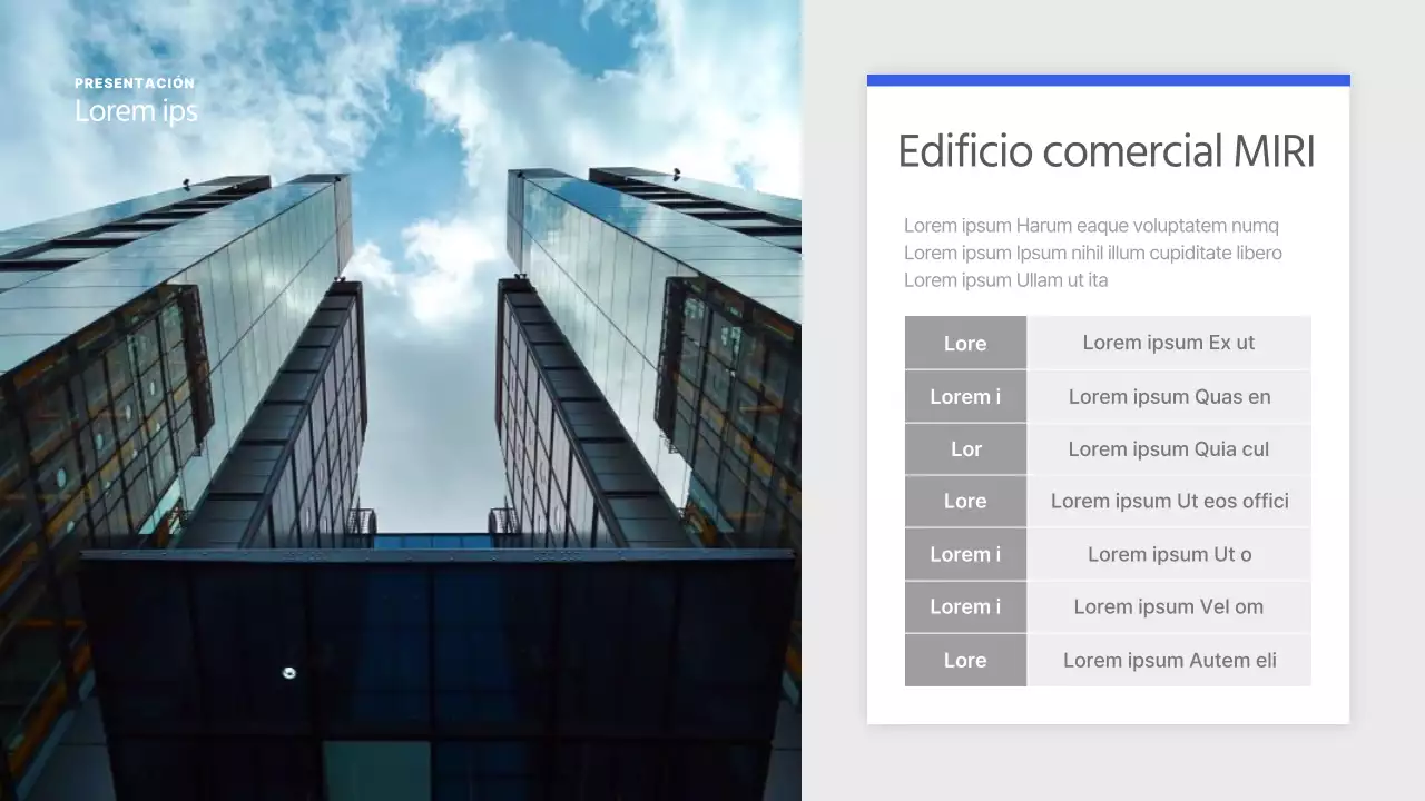 Una simple lista de propiedades en azul y gris