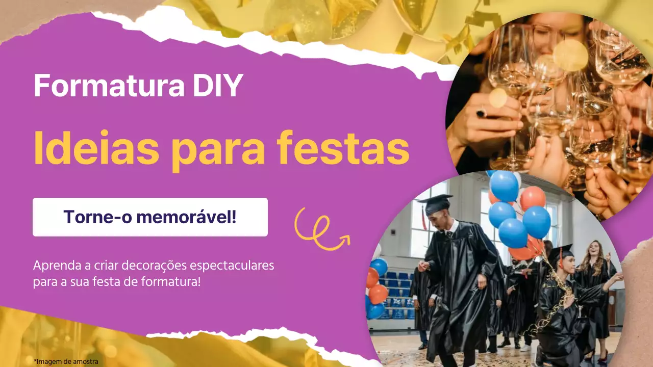 Guia de decoração de festa de formatura moderna roxa e amarela