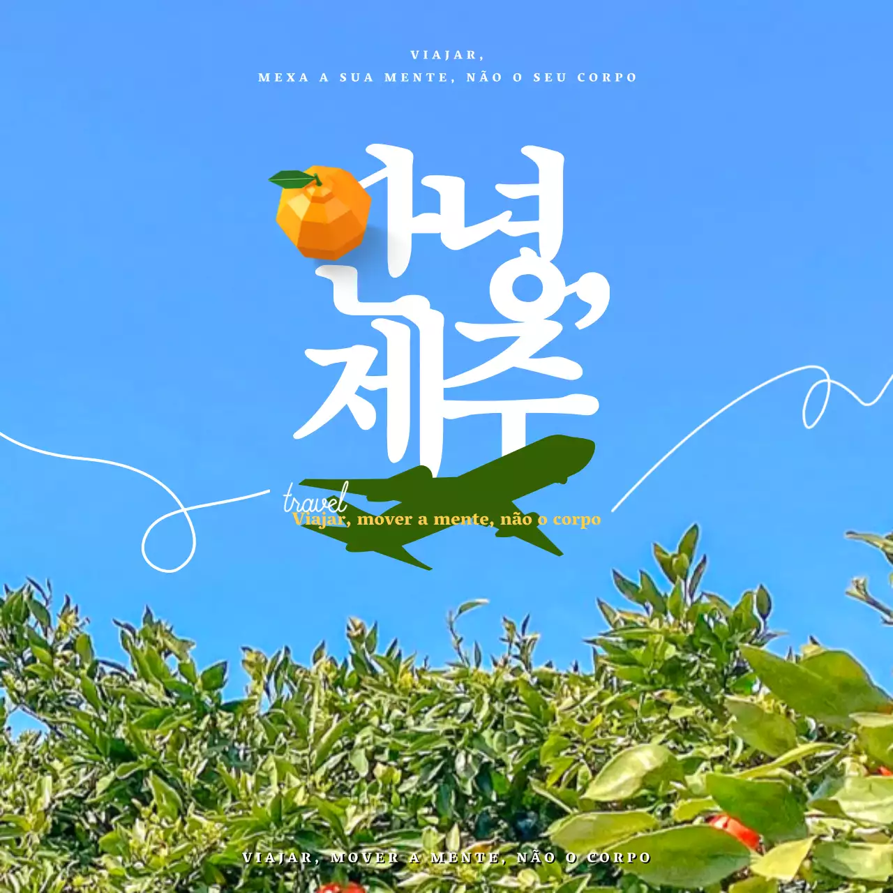 Um simples anúncio de viagem azul e verde para Jeju