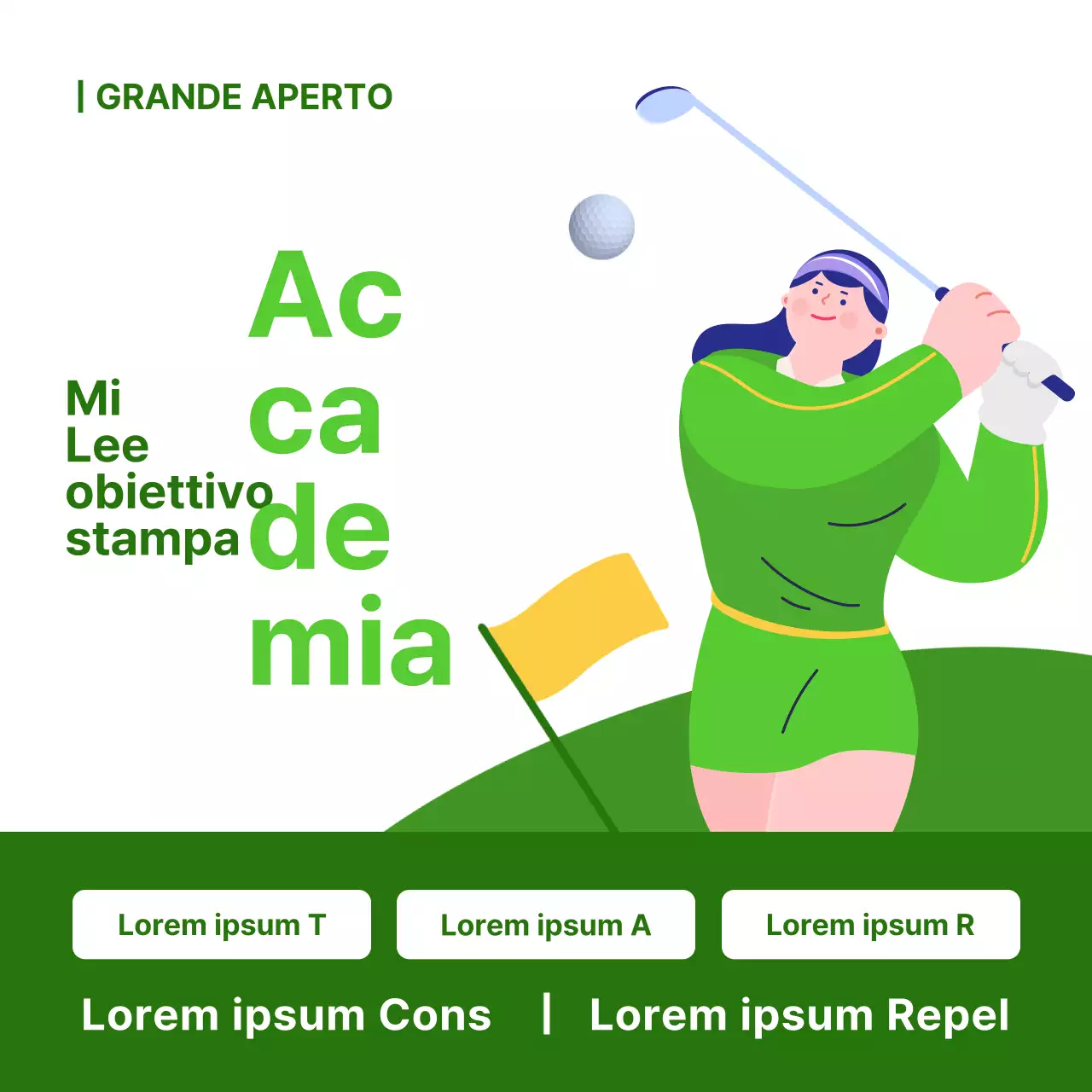 Pubblicità aperta della semplice accademia di golf in bianco e verde