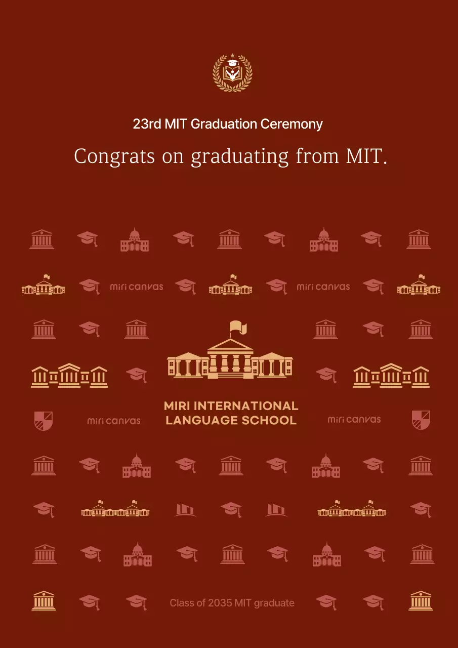 University high school graduation celebration photo booth photo zone design with school building illustration pattern on red luxurious background