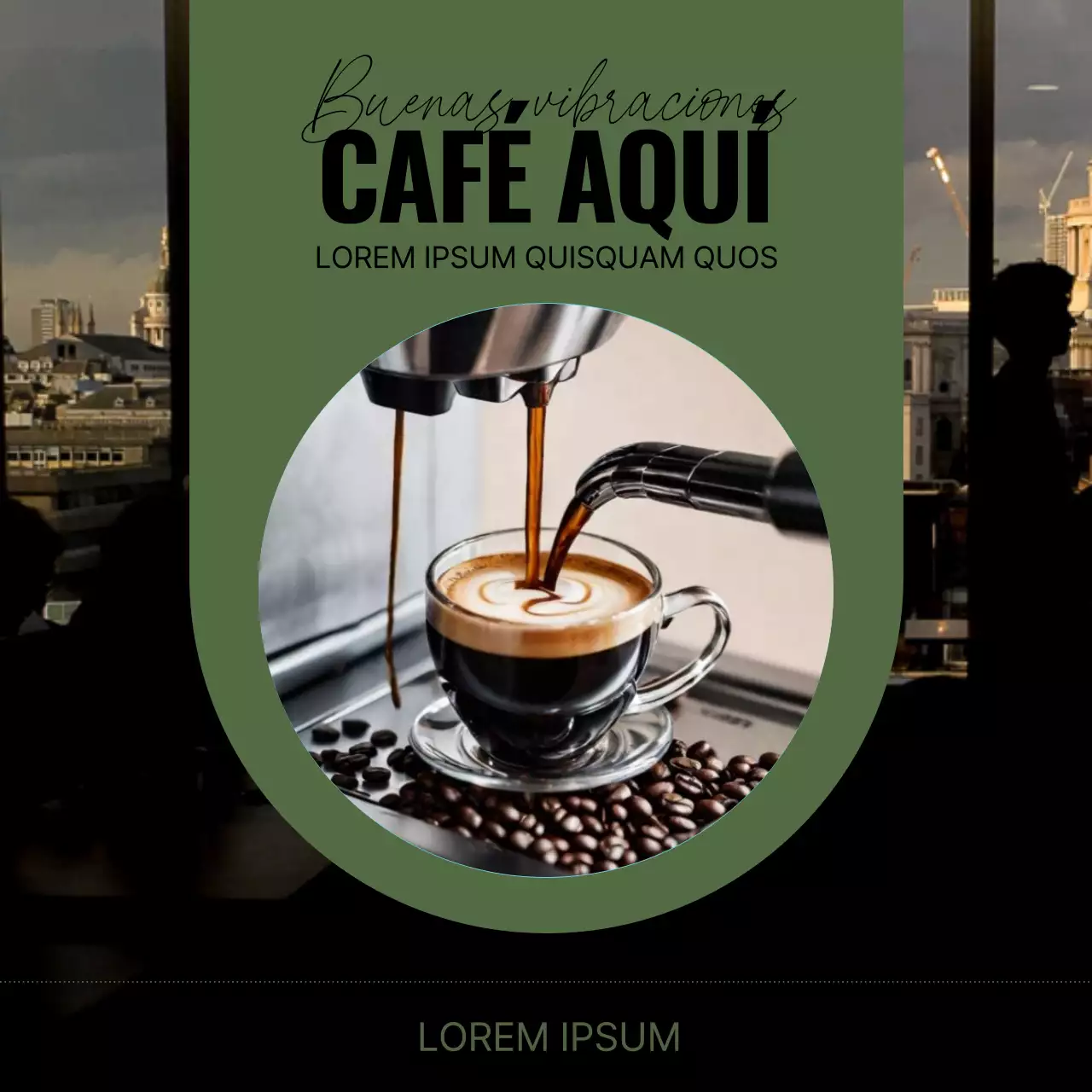 Una sencilla cafetería en tonos caqui y gris Información sobre el anuncio del acontecimiento