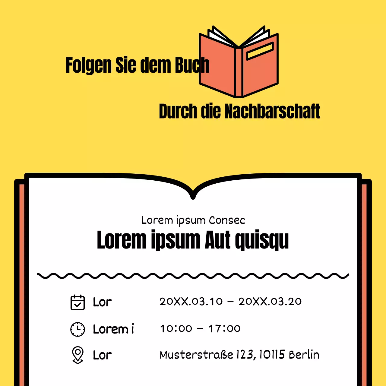 Eine einfache orange-gelbe Pop-up-Ankündigung einer unabhängigen Buchhandlung
