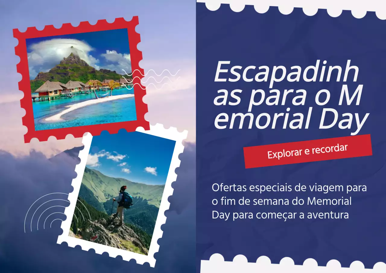 Anúncio promocional de viagem azul e vermelho para o Memorial Day