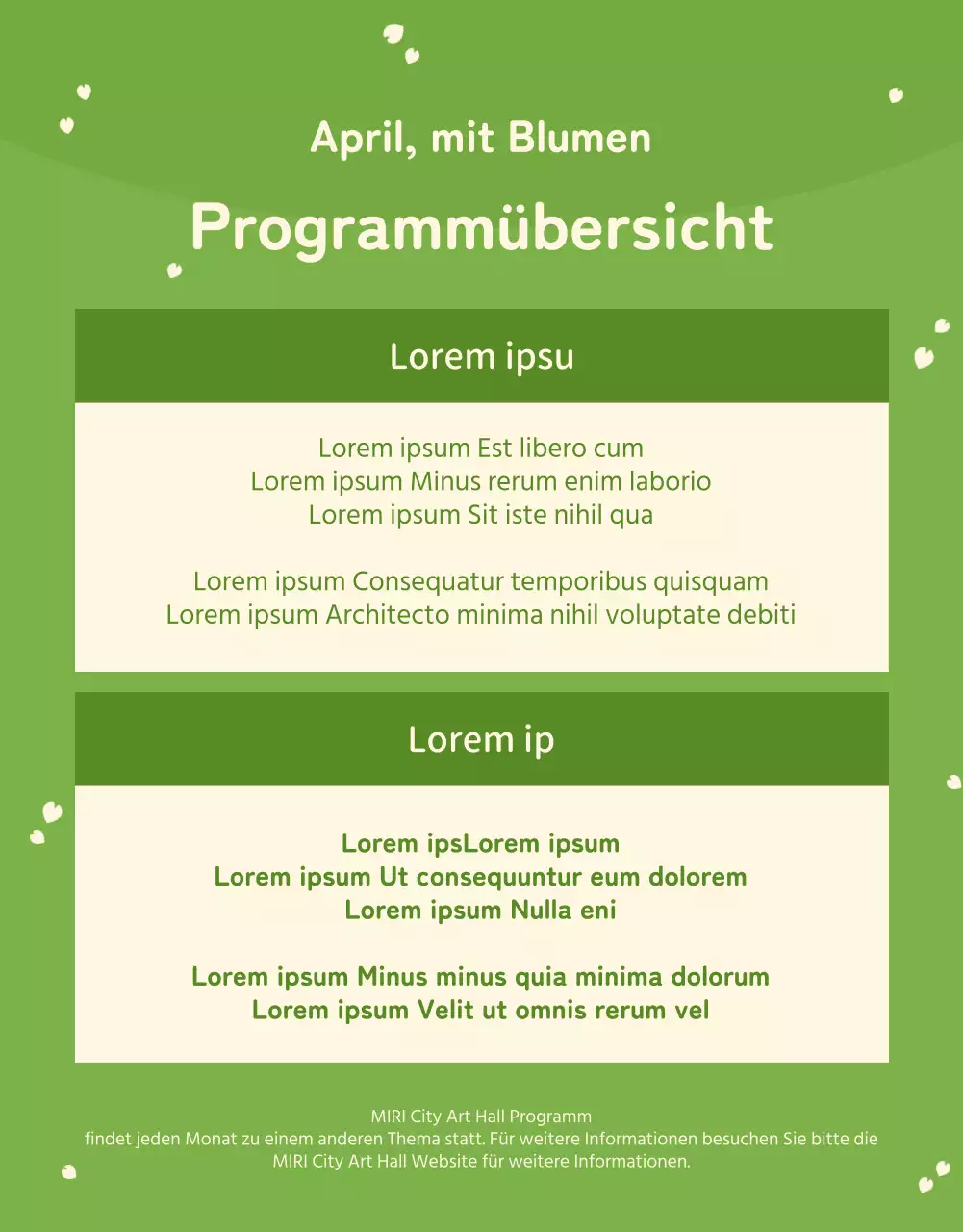 Informationen über das Programm der Aufführungen in diesem gemütlichen lindgrünen und elfenbeinfarbenen Saal