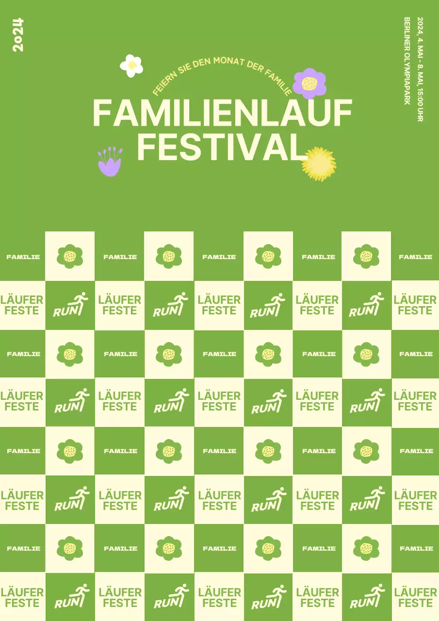 Familie läuft Festival Fotowand Design mit floralen Illustrationen in einem Frühlingsthema vor einem grünen Hintergrund