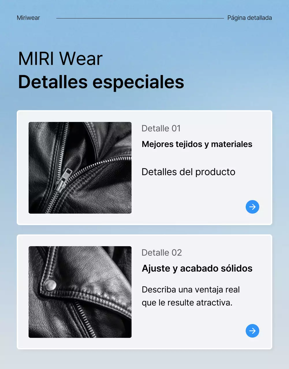 Promover una página móvil de detalles de moda en azul y blanco