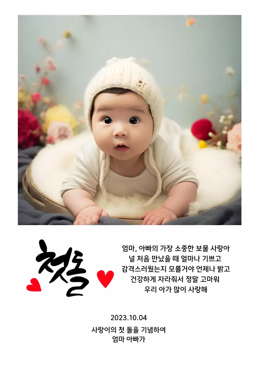 하트 사진과 캘리그라피가 있는 귀여운 느낌의 첫돌 상패