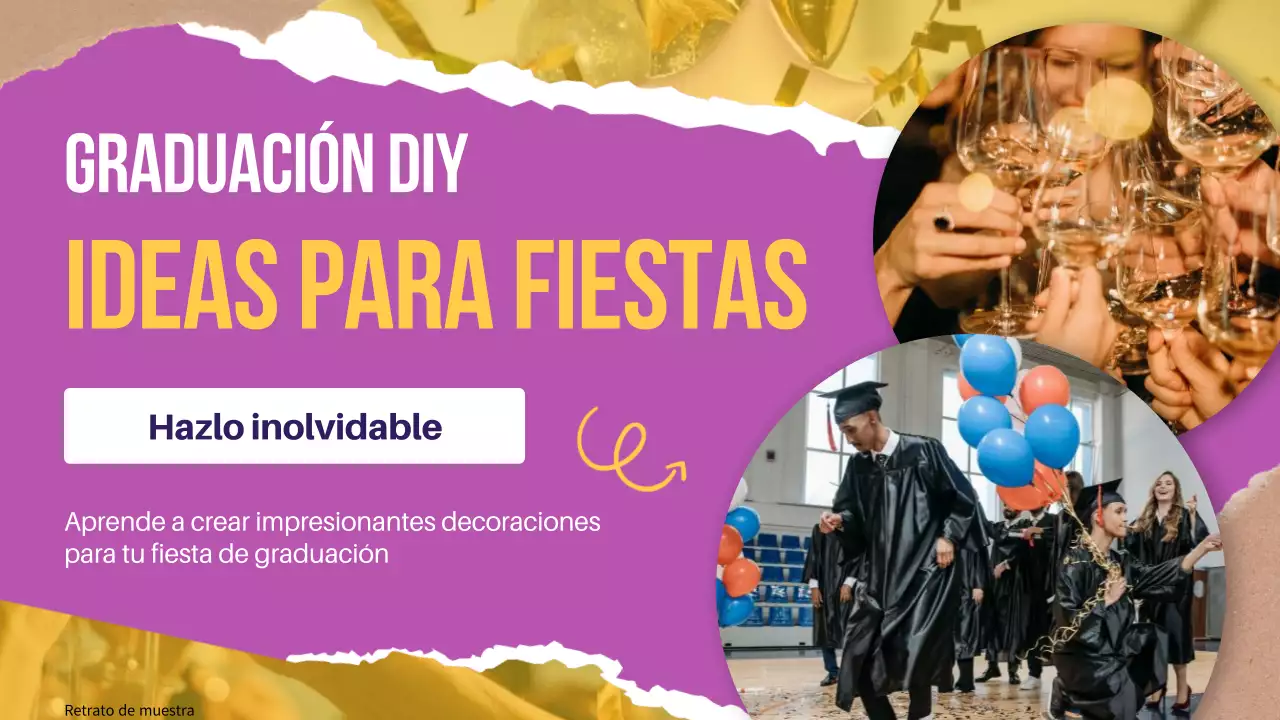 Guía de decoración de fiestas de graduación modernas en morado y amarillo