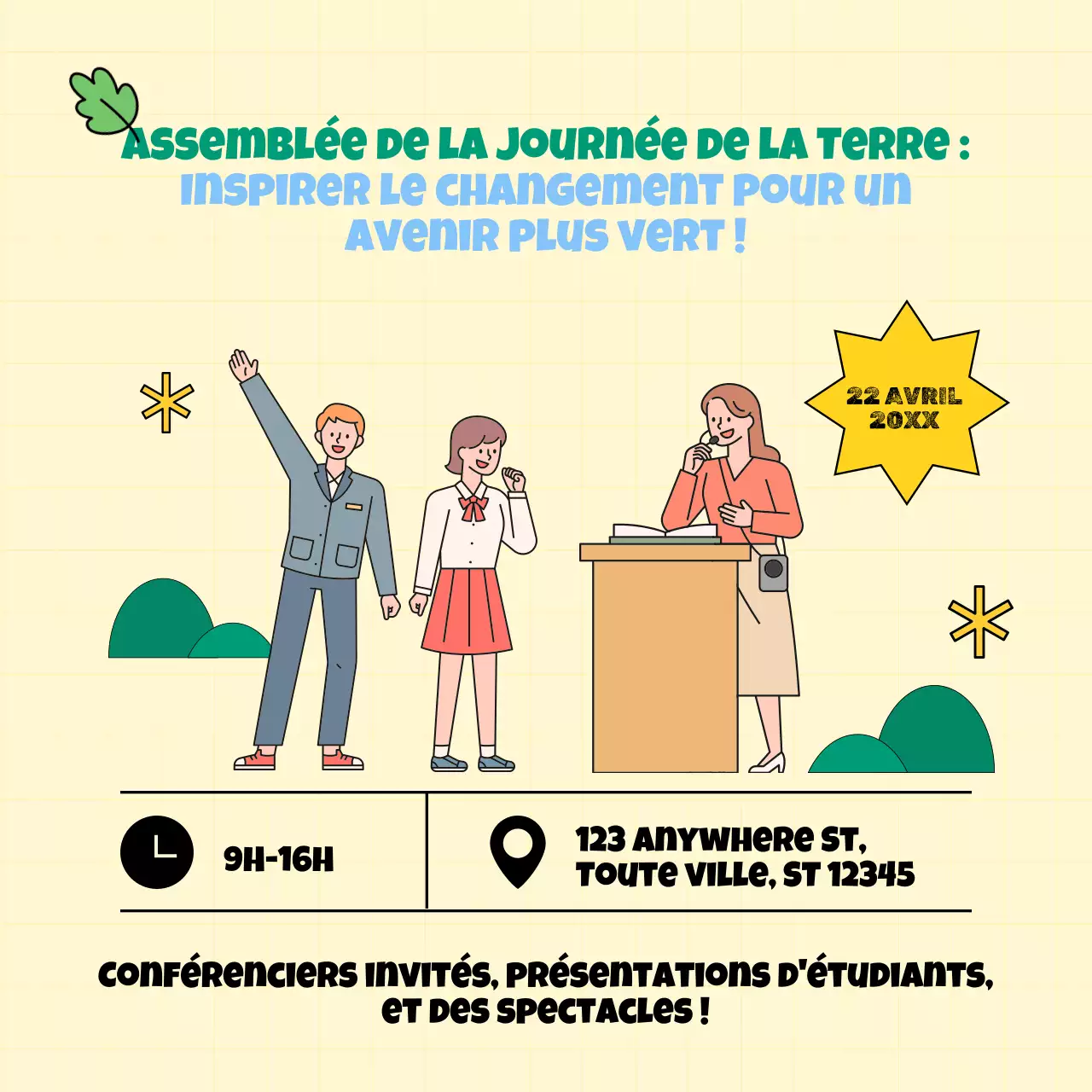 Campagne de la Journée de la Terre de l'école moderne jaune et bleue