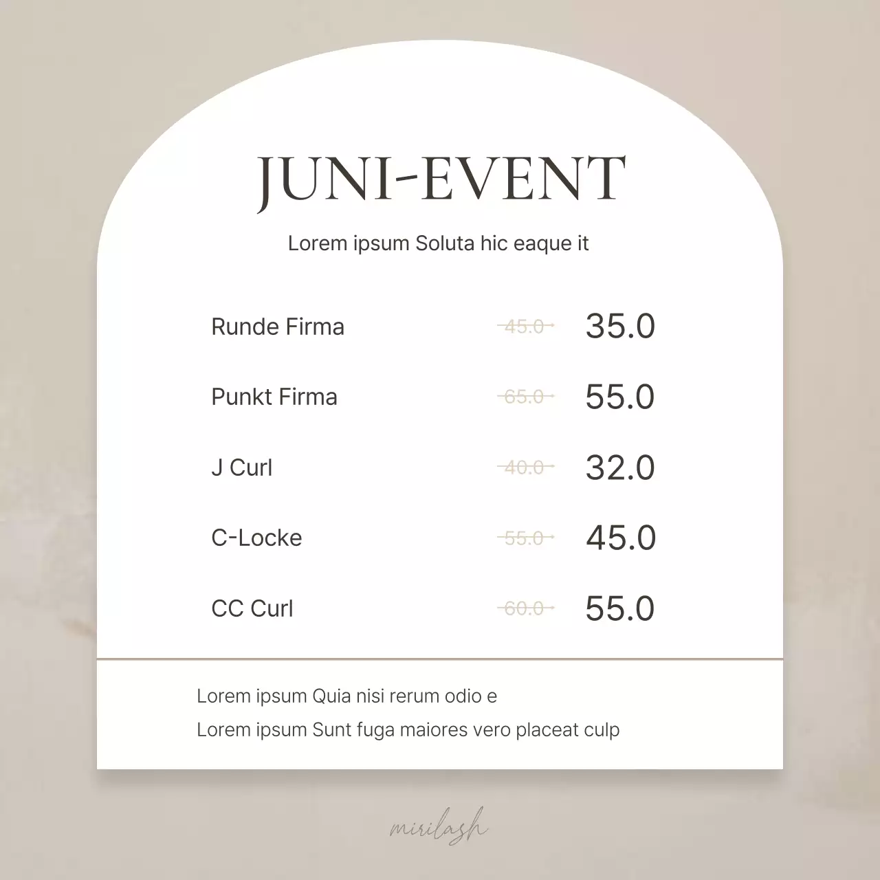 Werbung für eine Veranstaltung für einfache Wimpernbehandlungen in Braun- und Beigetönen