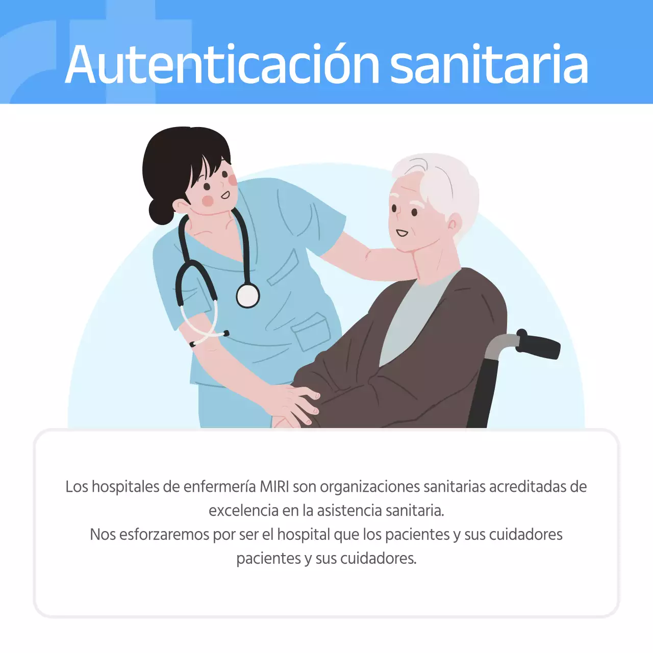 Anuncio de una acogedora residencia de ancianos en azul claro y blanco