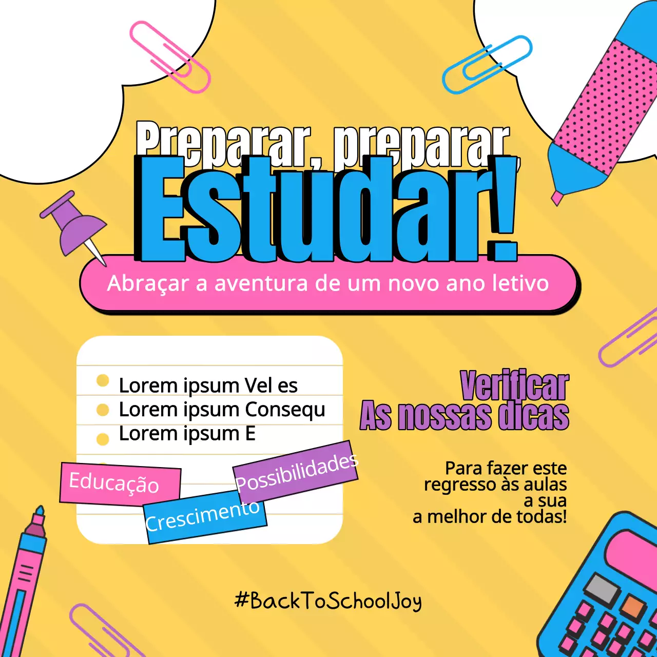 Anúncio retro amarelo e roxo de regresso às aulas.