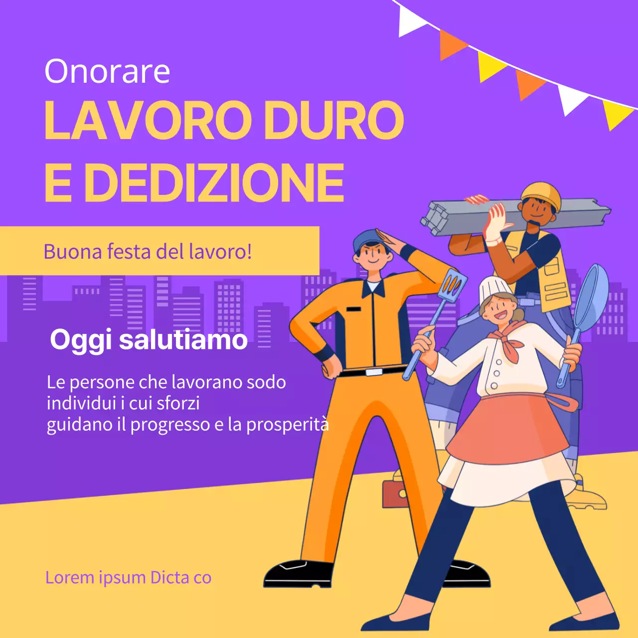 Pubblicità della campagna per la festa del lavoro di tendenza in viola e giallo