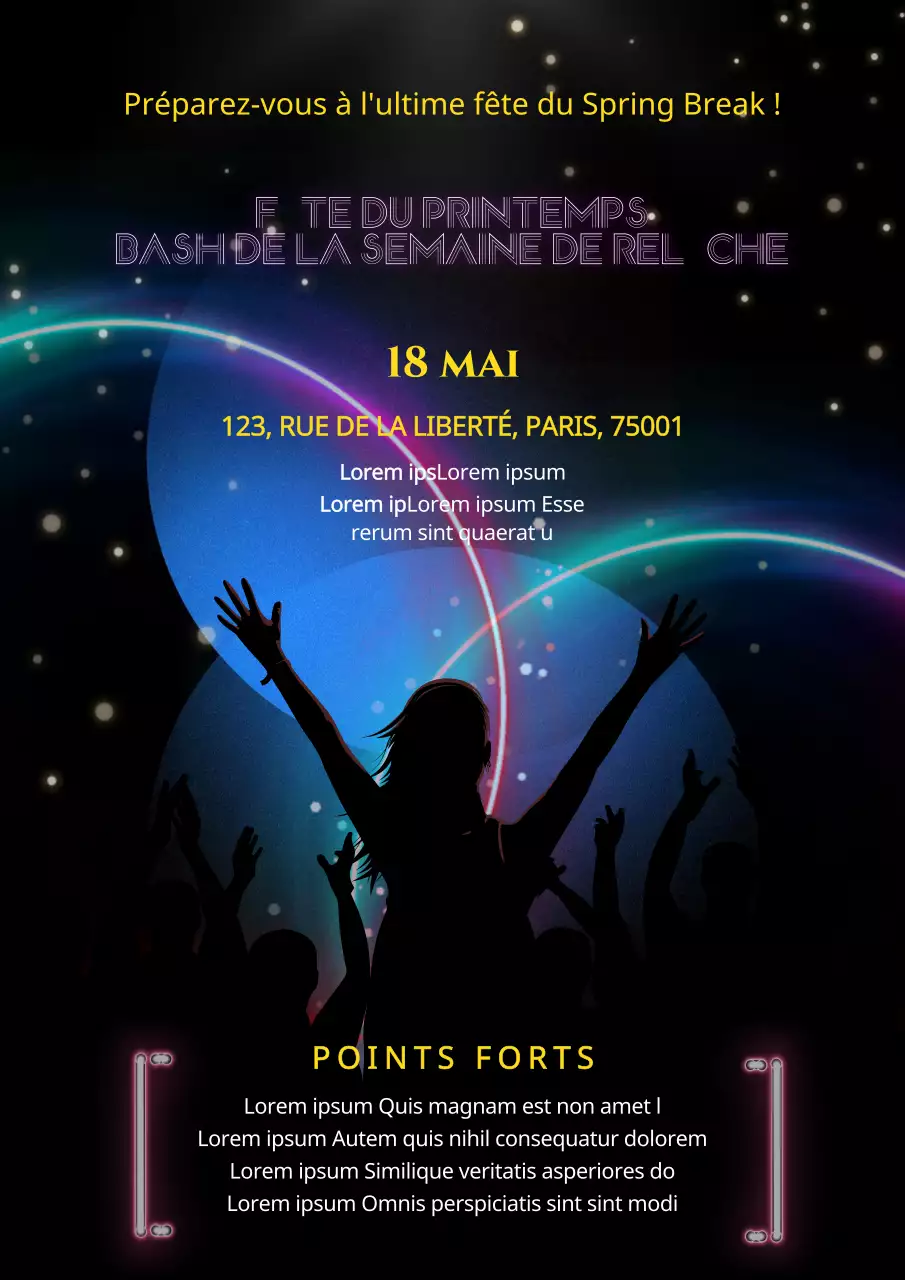 Promouvoir une fête de printemps moderne en noir et néon