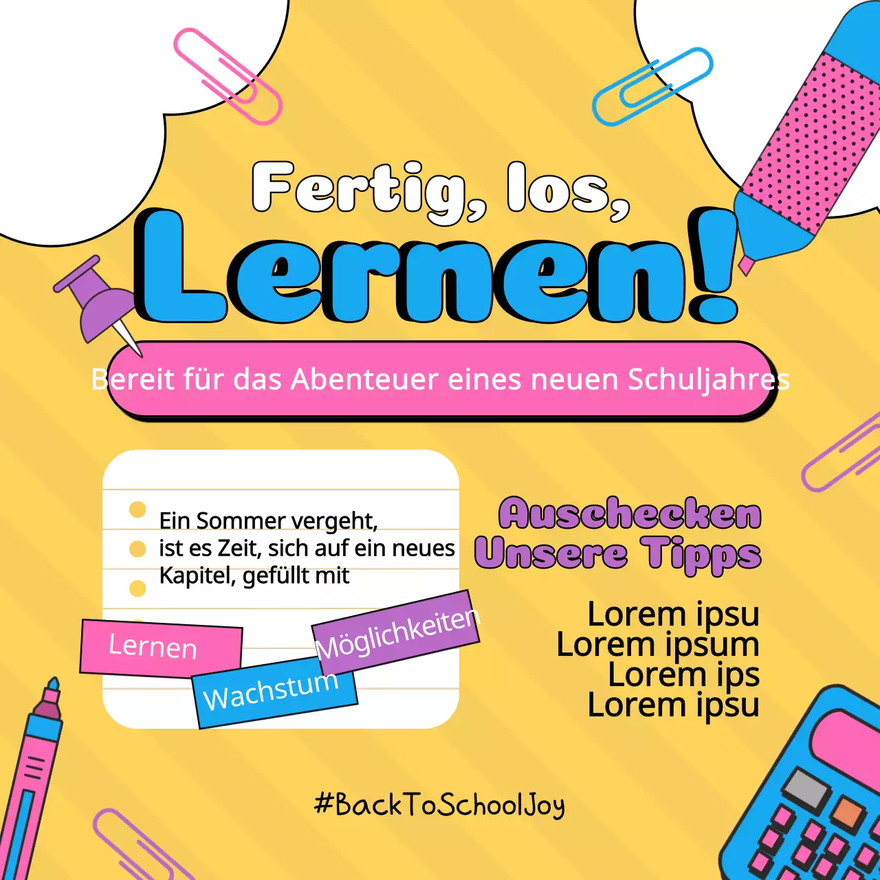 Gelbe und lila Retro-Werbung für die Schule.