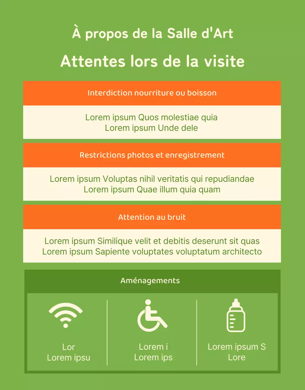 Informations sur le programme des spectacles dans cette salle accueillante aux couleurs vertes et ivoires.