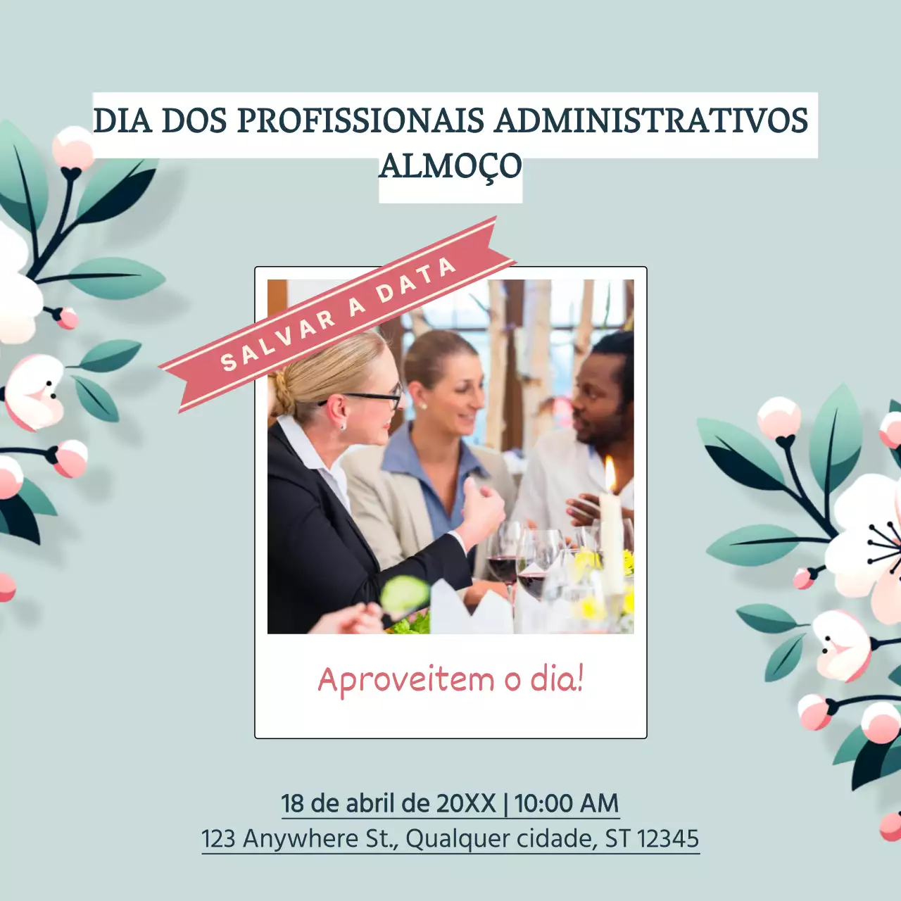 Convite para almoço do Dia do Profissional de Secretariado em verde e branco Vintage