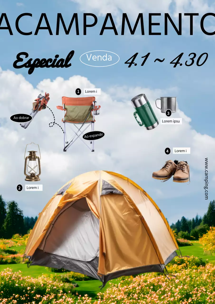 Promover uma venda de equipamento de campismo simples em azul claro