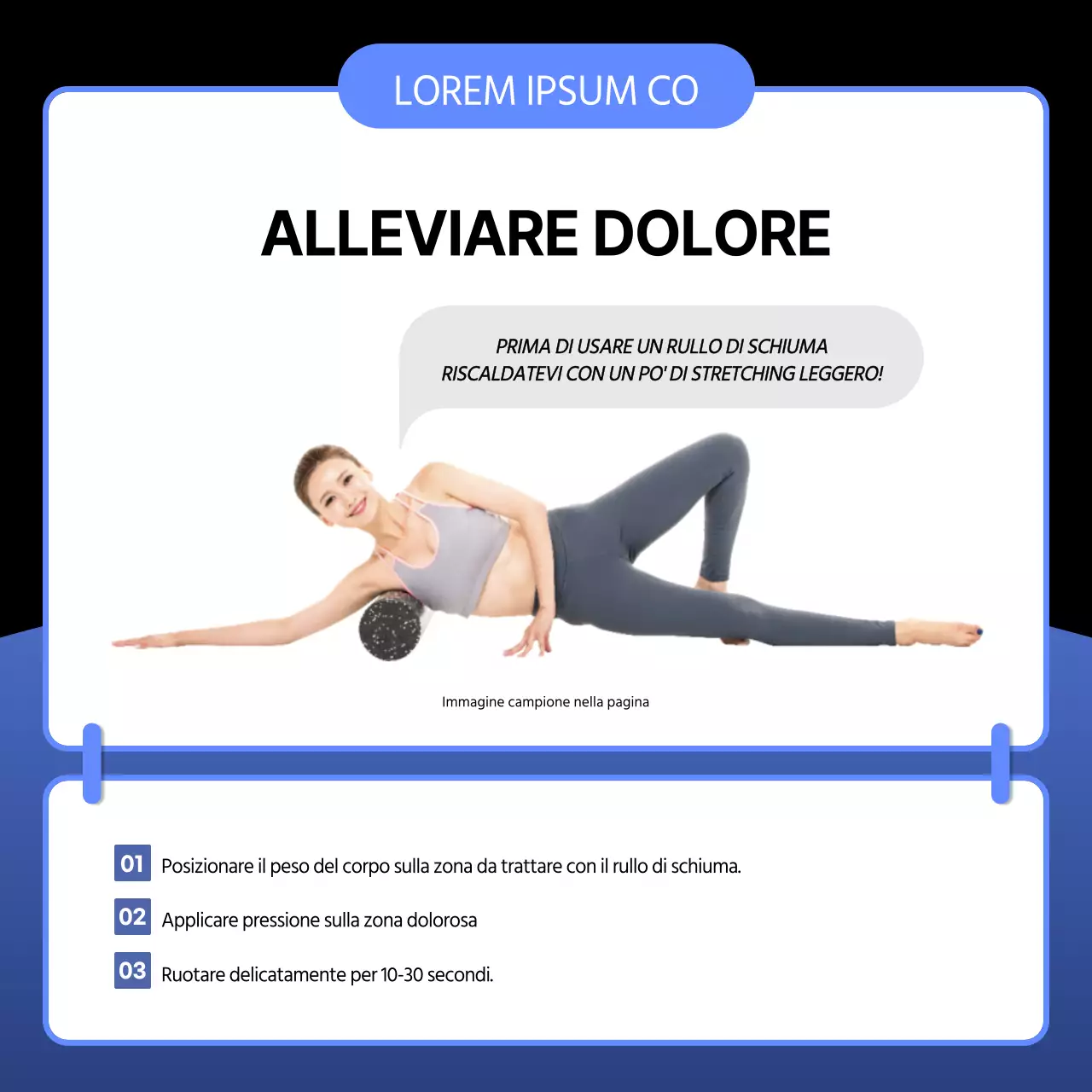 Una semplice guida al foam roller prima e dopo l'allenamento, in blu e nero.